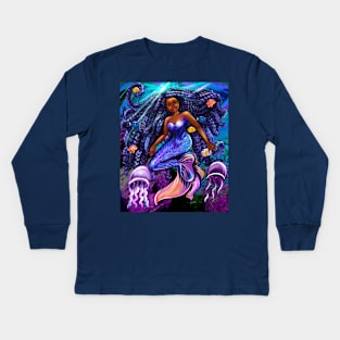 mermaid underwater with flowing shimmering blue black braids fish and jelly fish  , brown eyes curly Afro hair and caramel brown skin Kids Long Sleeve T-Shirt